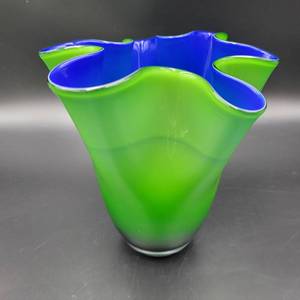 Gorgeous Green and Cobalt Blue Hand-Blown Ruffle Vase