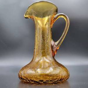 Vintage 7 Crackled Glass Amber Pitcher