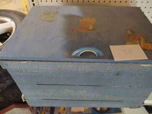 lot 38 image: Blue wooden box w 3 stickers, clow...