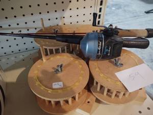 lot 59 image: 2 Ice fishing poles, 4 wooden vinta...
