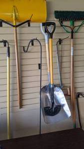 lot 274 image: Long Handled Lot of (9) - Shovels, Brushes & Shepherds Hook