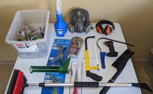 lot 270 image: Garage Necessities Lot - Handsaw, Caulking Gun, Scraper, Squeegee and Much Much More