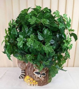 lot 130 image: Decorative Racoon Planter & Artificial Plant w Brass Pot