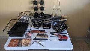 lot 295 image: Assorted Grill Accessories - Williams Sonoma Smoker Bag, Big Green Egg Drip Pan, Rib Rack, Popover Pans, Fish Baskets, Grilling Baskets, and more
