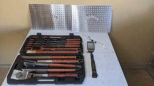 lot 292 image: Grill Accessories Lot - 18-piece Grilling Tools with Case, Flexiflame Lighter, Spatula with Thermometer, Jim Beam Drain Plates