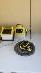 lot 390 image: Fishing Lot - Daiwa Sweepfire Spinning Rod, Sonicor Reel, Live Basket, (2) Minnow Buckets