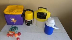 lot 398 image: Fishermans Lot Minnow Bucket, Thermos, Vikings Cooler, Leech Tote, and Bobbers