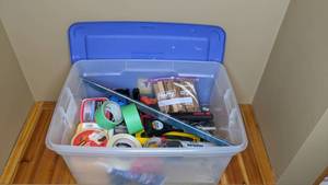 lot 67 image: Bin Full of Paint Supplies, Tape, Tools, Putty Knives, Level and Much More
