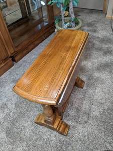 lot 56 image: Classic Round Drop Leaf End Table, Light Wood