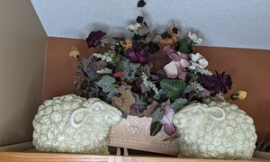 lot 238 image: Set of (2) Sheep Figures & Floral Decoration