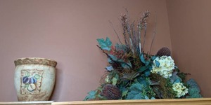 lot 212 image: Decorative Clay Pot w Plum Design & Artificial Floral Arrangement 