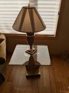 lot 32 image: Glass Top Side Table with Quirky RossiniFalstaff Book Base & Beautiful Table Lamp