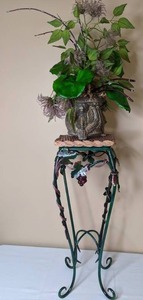 lot 239 image: Artificial Plant w Planter on Beautiful Wrought Iron & Wicker Stand