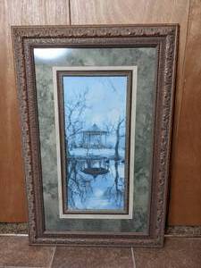lot 73 image: Framed, Matted Art Print - Gazebo in Winter Near a Pond