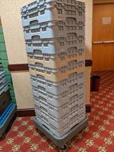 lot 454 image: Set of (10) Dishwasher Racks w Platform Dolly & Large Lot of Glasses
