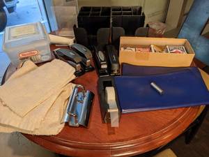 lot 193 image: Office Lot Staplers, Desk Organizers, Bank Deposit Bags, Playing Cards, Krona Coins, and More