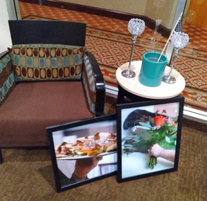 lot 753 image: Side Chair, 2 Side Tables, Lamp, 4 Framed Pieces of Art and Other Decor