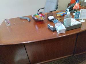 lot 754 image: Large Curved Front Desk, Office Chair, Two Drawer Filing Cabinet with Miscellaneous Office Supplies & Decor