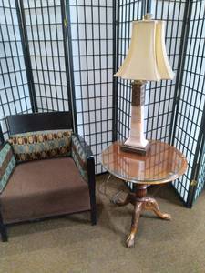 lot 756 image: Chair, End Table, Lamp, and Privacy Screen