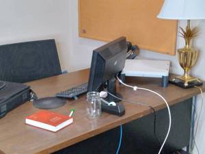 lot 760 image: Office Set Desk, Pineapple Lamp, Computer Monitor, Corkboard, 4-Drawer File Cabinet, 5-Drawer File Cabinet, Mirror