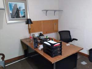 lot 763 image: Student or Office Desk, Framed Picture, 2 Shelves, Lamp, Corkboards, Office Chairs and More