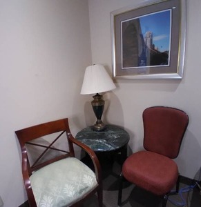 lot 767 image: Lot of 2 Chairs, Side Table, Lamp and Framed Picture