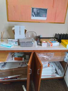 lot 769 image: Lovely Cabinet, Hanging Mail Sorter, Corkboard, and Other OfficeShipping Supplies