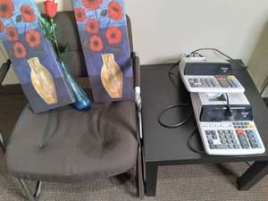 lot 772 image: Collection of a Table, Chair, Artwork, Vase & Adding Machines