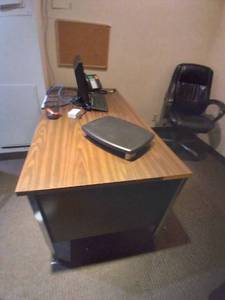 lot 774 image: Filing Cabinets, 2 Chairs, Desk, Bookcase, Computer Monitor and Other Office Supplies and Decor
