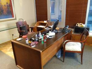 lot 778 image: Desk, 2 Chairs, Wood Rolling Cart, Artwork and Office Supplies