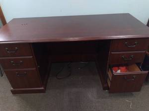 lot 790 image: Office Desk, Office Chair, 2-Drawer Filing Cabinet, 2 Wall Shelves, Floor Lamp and Other Office Supplies & Decor Pictured