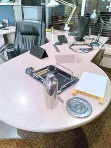 lot 793 image: Large U-Shaped Desk with Overhead Cabinets, Office Chair, Small Filing Cabinets and More