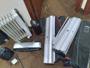 lot 794 image: Lot of 3 Space Heaters, 2 Imagine Retractable Banner Stands, Safe and Fellowes Laminator