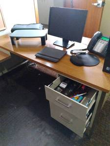 lot 795 image: Complete Office Setup Desk with Attachment, 4 Chairs, Filing Cabinets, Bookcase and So Much More