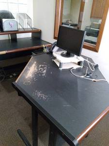 lot 796 image: Large Lot Includes a Multi-Piece Desk, 2 Chairs, 2 Filing Cabinets, Refrigerator and Much More