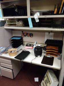 lot 946 image: Large Desk with Big Lot of Office Supplies