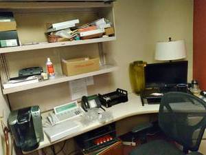 lot 948 image: Office Lot Large Corner Desk, Keurig, Mini Fridge, Lamp, Monitor, Keyboard, Chair, & More