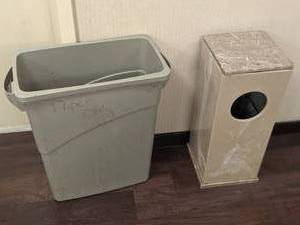 lot 138 image: Trash Can Lot Stone Trash Receptacle & Plastic Utility Trash Can