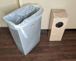 lot 148 image: Trash Can Lot Stone Trash Receptacle & Plastic Utility Trash Can