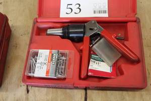 lot 53 image: Huck Manufacturing Hydraulic Rivet Set  with Rivets, Plastic Case