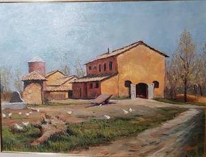 lot 39 image: Farm, Ostia Oil on Board Art by Raleigh Clay Wilkerson