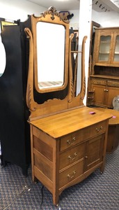 Antique Victorian Oak Commode Cabinet wMirror