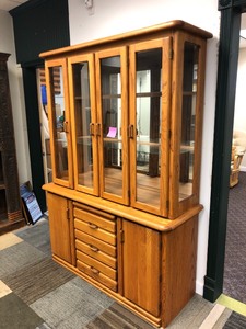 Large 2-Piece Solid Oak Lighted China Cabinet Hutch