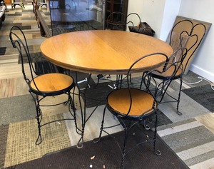 Antique Wrought Iron &amp Oak Ice Cream Table w4 Chairs