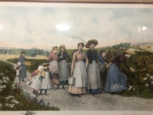 Large Vintage Framed Colored Etching Print - The Berry Pickers