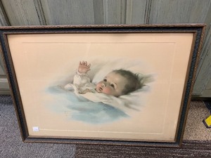 Vintage Framed 1930s Era Print wBaby Awakening by Bessie Pease Gutmann