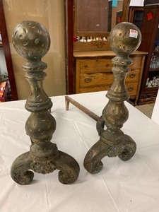 Set of Antique Heavy Brass Fireplace Andirons
