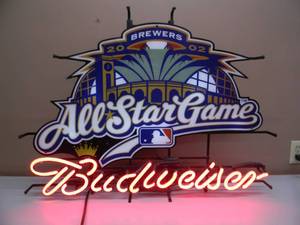lot 19 image: MILWAUKEE BREWERS MILLER FIELD BUDWEISER BEER ALL-STAR GAME NEON LIGHT - VERY COOL - NICE - WORKS - APPROX 36 BY 27 - SEE PICTURES