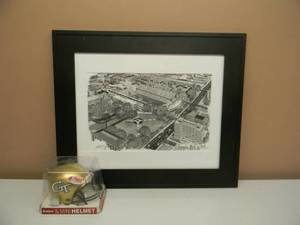 lot 33 image: BIRDS EYE VIEW OF Georgia Tech CENTRAL CAMPUS ATLANTA GEORGIA By Chris McLaughlin Professionally Framed Signed & Numbered #105 wGeorgia Tech Riddell Mini Helmet - GREAT SET - APPROX 25 BY 21 - SEE PICTURES