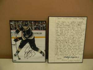 lot 57 image: MINNESOTA WILD Jordan Leopold signed 8 by 10 With Jordyn Leopold letter to Wild Management to trade for her dad - Awesome set - SEE PICTURES